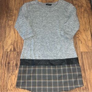 THML Dress Womens Solid Gray Top Plaid Skirt Small 3/4 Sleeves